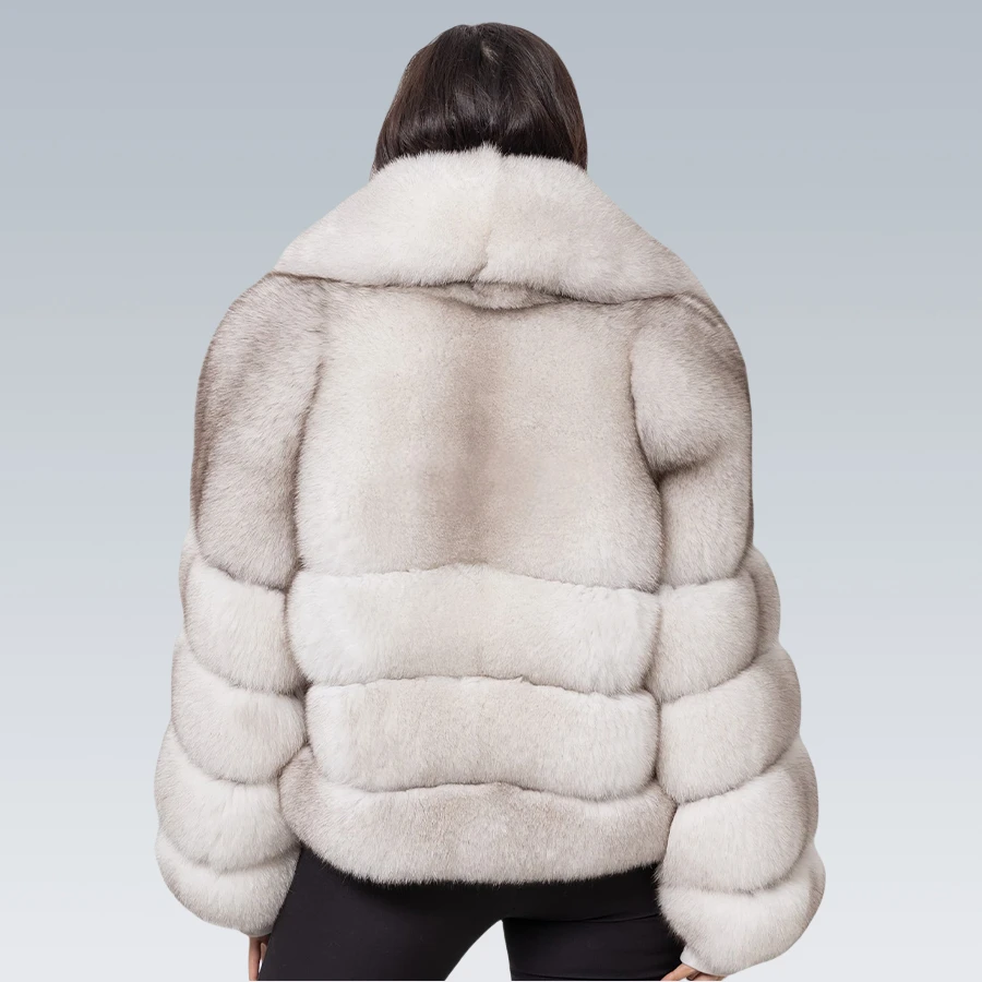 سترة من فراء الثعلب الطبيعي مع ياقة كبيرة معطف فرو الثعلب الأبيض المقصوص سترة منفوخة سترة جلدية نسائية فاخرة