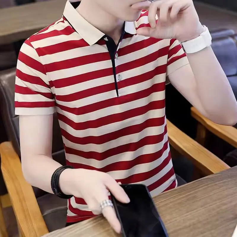 Elegant Summer Men's  Shirt Casual Stripe Short Sleeve Turn-down Collar T-shirt Lightweight Breathable Antibacterial