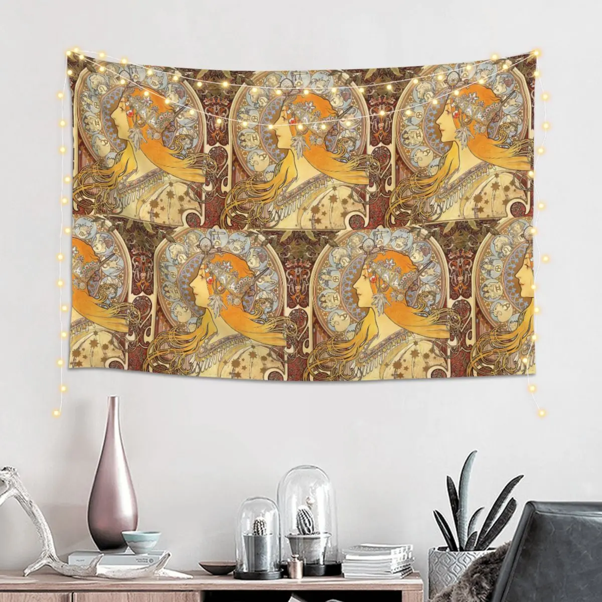 Alphonse Mucha Zodiac Art Nouveau Woman Tapestry Hippie Wall Hanging Aesthetic Home Decoration Tapestries for Living Room