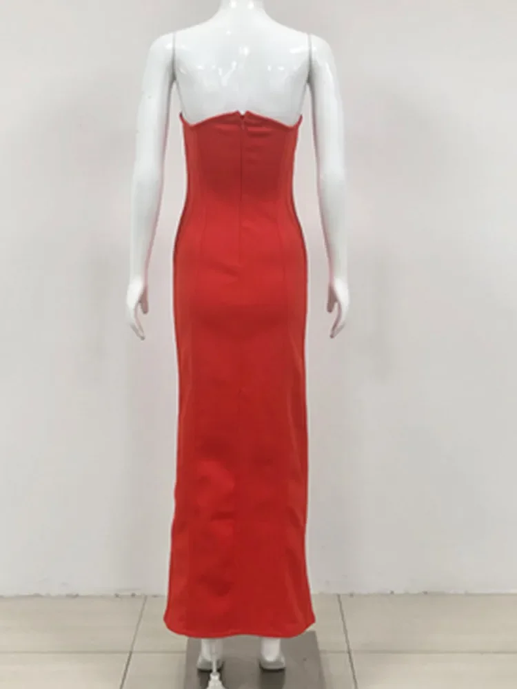 Abito da festa rosso da donna di design di lusso Abito da gala intero da sera sexy elegante senza spalline con gamba aperta e gamba aperta