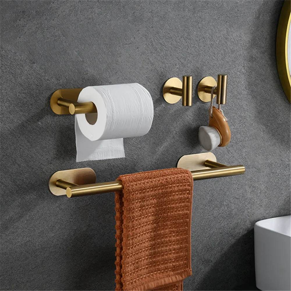 Juego de accesorios de baño dorados autoadhesivos, barra de toalla cepillada de acero inoxidable 304, juego de accesorios de soporte de papel sin