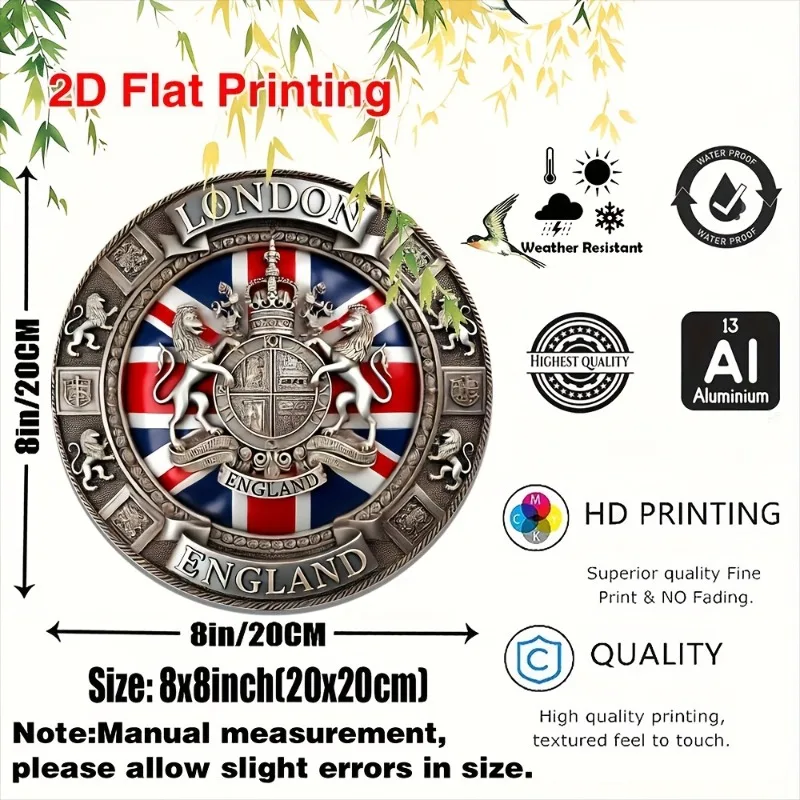 Vintage London England 2D Flat Aluminum Wall Art - Round Metal Sign with Union Jack Design,Perfect for Home,Bar,or Kitchen Decor