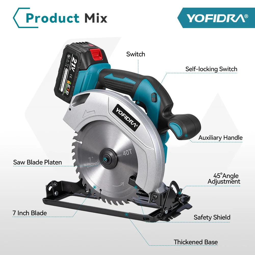 YOFIDRA 7Inch Brushless Electric Circular Saw 180mmCordless Adjustable Angle Cutting Power Tool Fit For Makita 18V Battery Pin