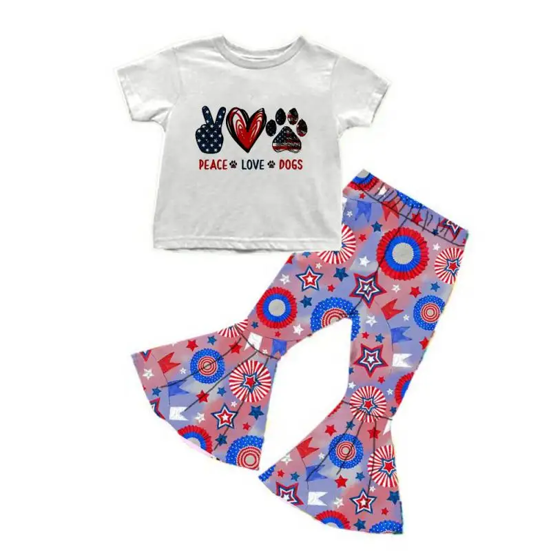 Wholesale children's clothing 4th of July girl's flag set five-pointed star print bell-bottom pants outfits