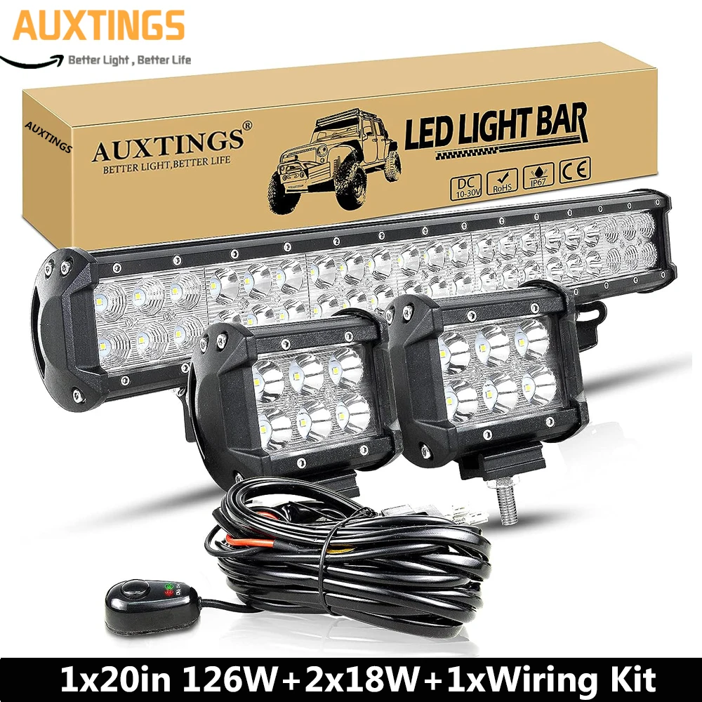 

20 inch 126W 10-30V LED Light Bar Off Road Led Light Combo Beam for ATV 4x4 + 2 x 18W 4in Flood LED Pods Work Light with Wire