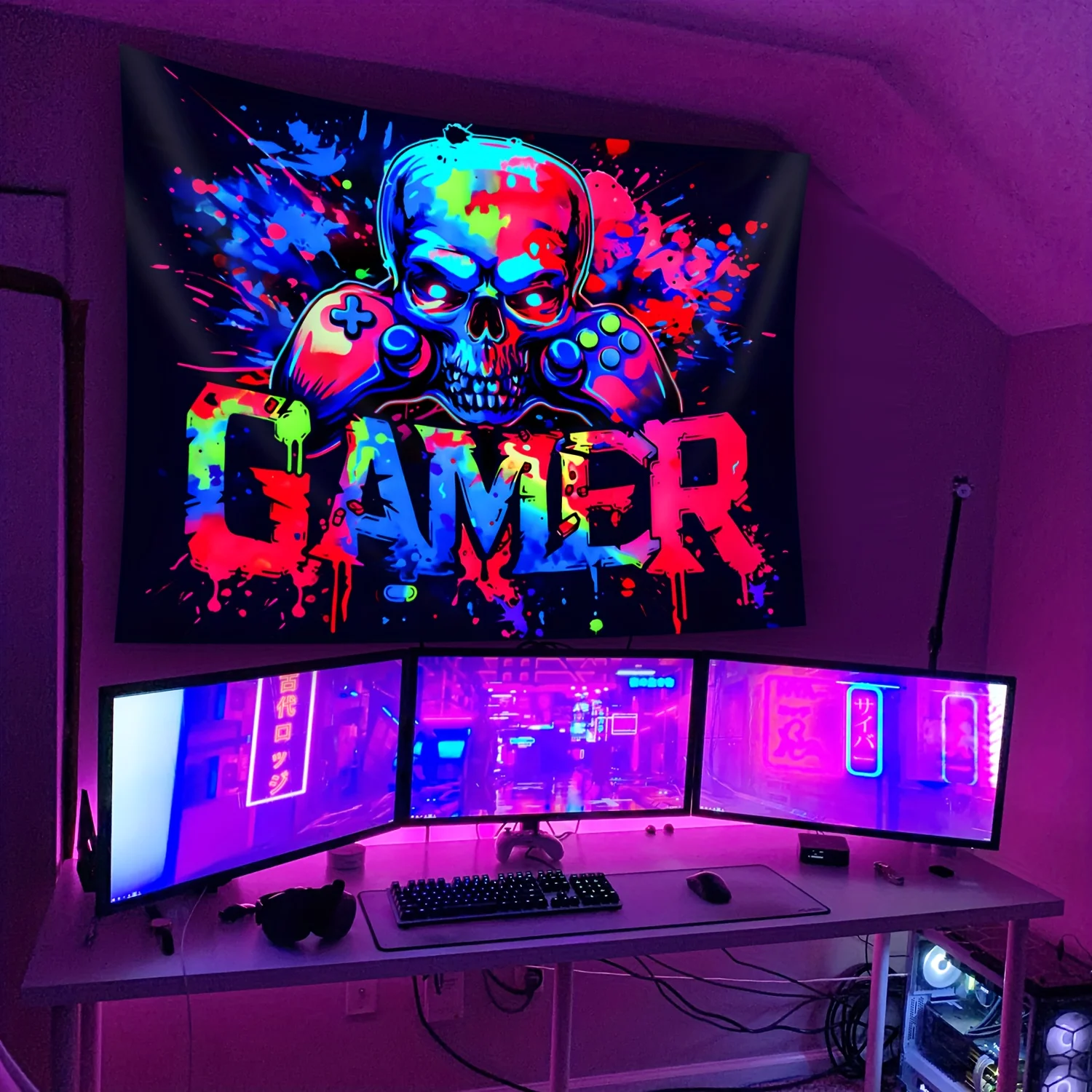 VIKAMA Colorful Skull Gamer Tapestry Graffiti Style Wall Hanging for Gaming Room Boys Bedroom Cool Home Decoration