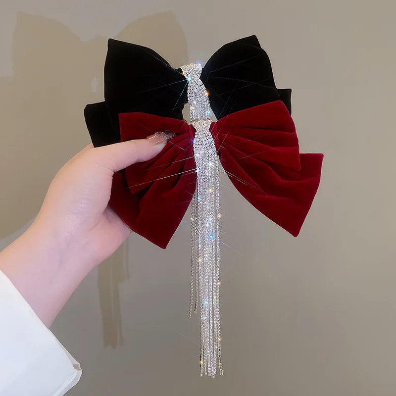 Elegant Red Bow Hairpin Crystal Fringe Tassel Hair Clip for Women Girl Ponytail Rhinestone Beading Fashion Hair Accessories Gift