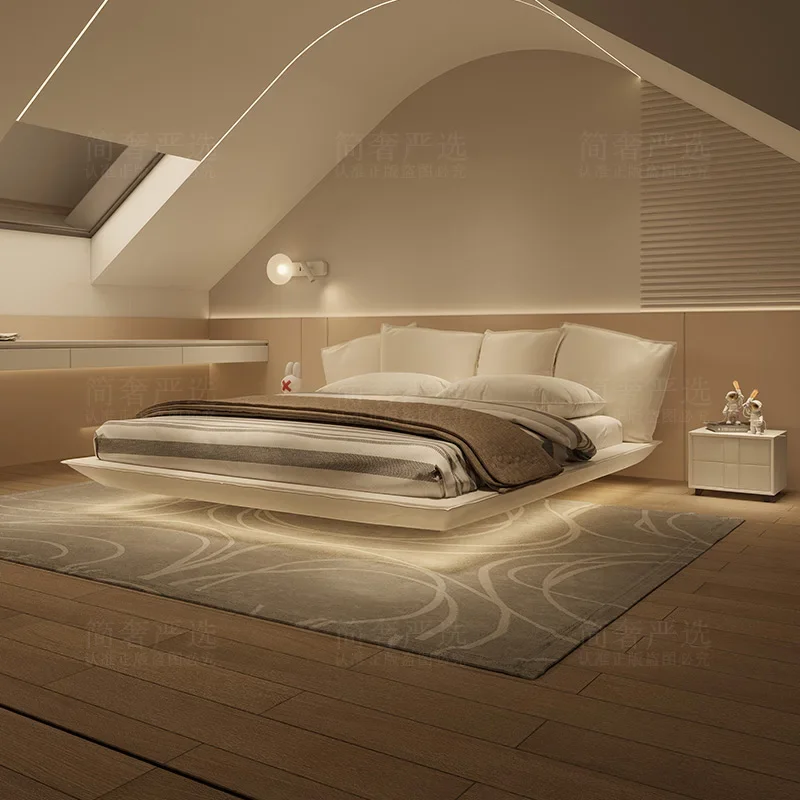 

Furniture Cream Aesthetics Bed Floating Light Luxury Wedding Fashionable Soft Bed Genuine Leather Modern Design Cama De Casal