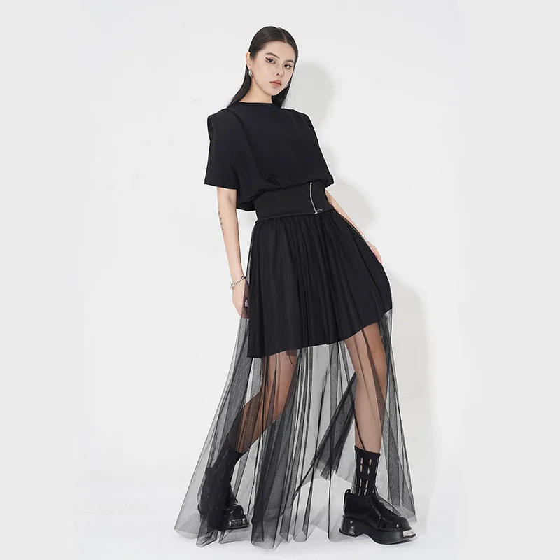 

Female High Elastic Waist Mesh Perspective Midi A-line Half-body Skirt Women Fashion Tide New Casual Fashion A-line Skirts Q876