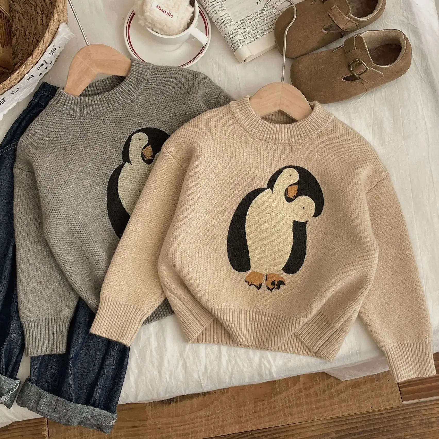 

Autumn Winter Warm Kids Clothes Long Sleeve Penguin Print Knitted Sweater Tops For Children Cute Animal Casual Daily Knitwear
