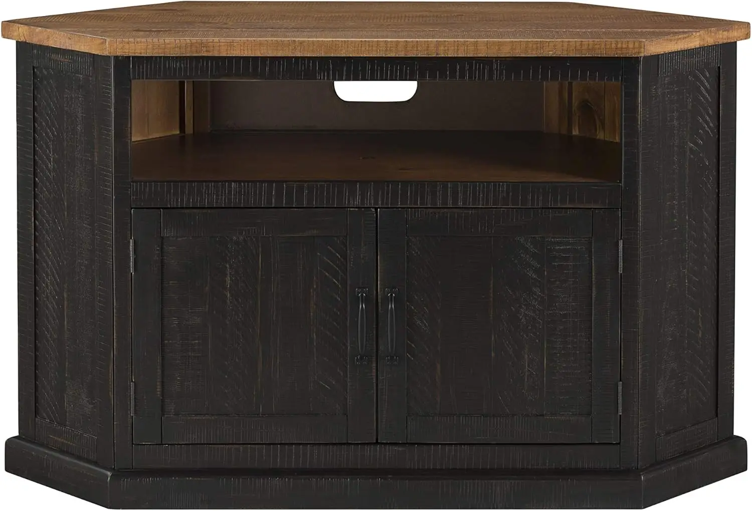 Rustic Corner TV Stand, Antique Black and Honey Tobacco