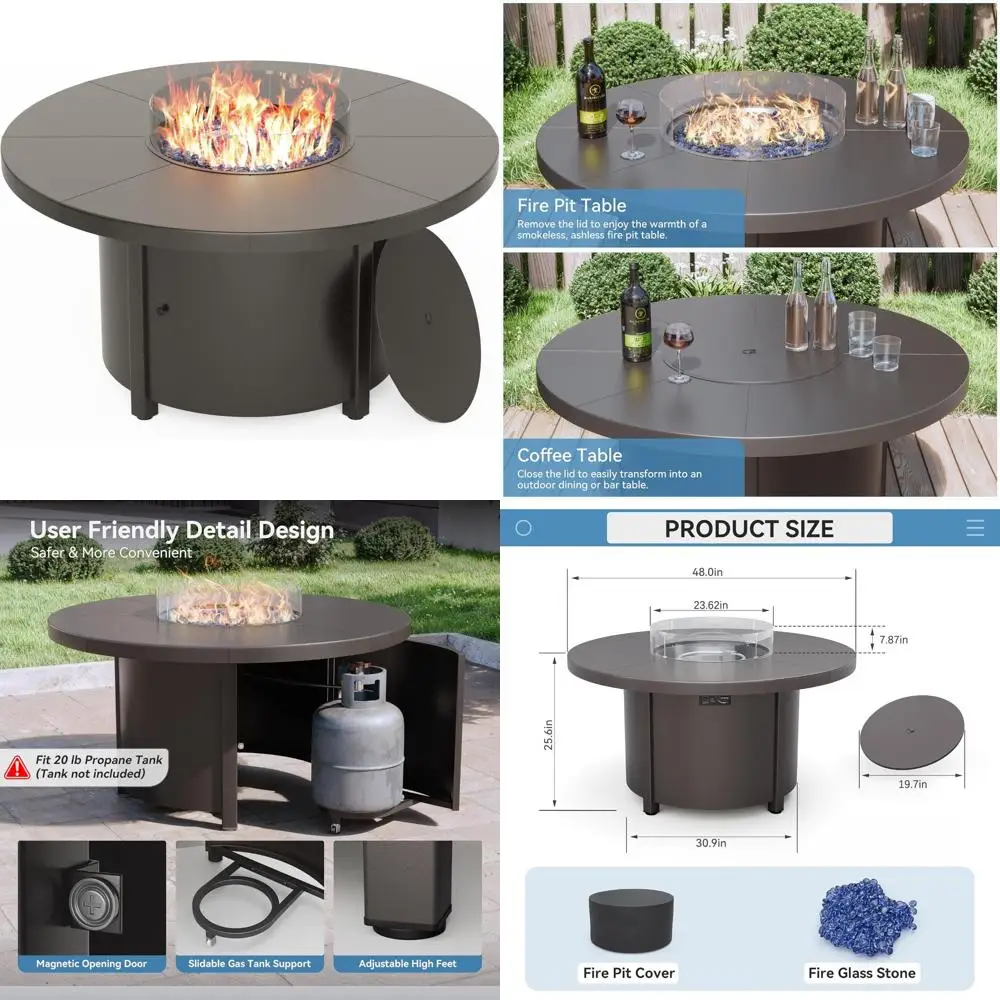 

Kullavik 48-Inch Round Propane Fire Pit with 55,000 BTU Auto-Ignition, Fire Glass, Lid, and Waterproof Cover