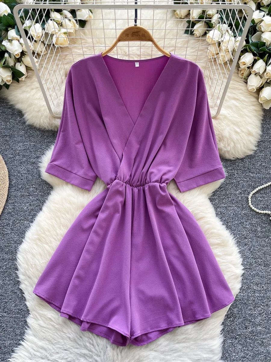 

Foamlinachic Summer Sophisticated Niche High Waist Slim Fit Loose Wide Leg Shorts Jumpsuit Girl's Fashion Casual Romper Shirt