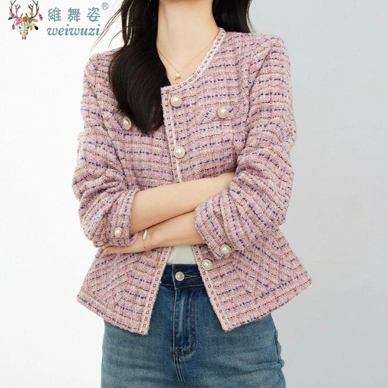 

Elegant Pink Tweed Style Women's Jacket Coat Winter Pearl Round Neck Dinner Socialite Western Clothes Suit Lady Weave Outwear