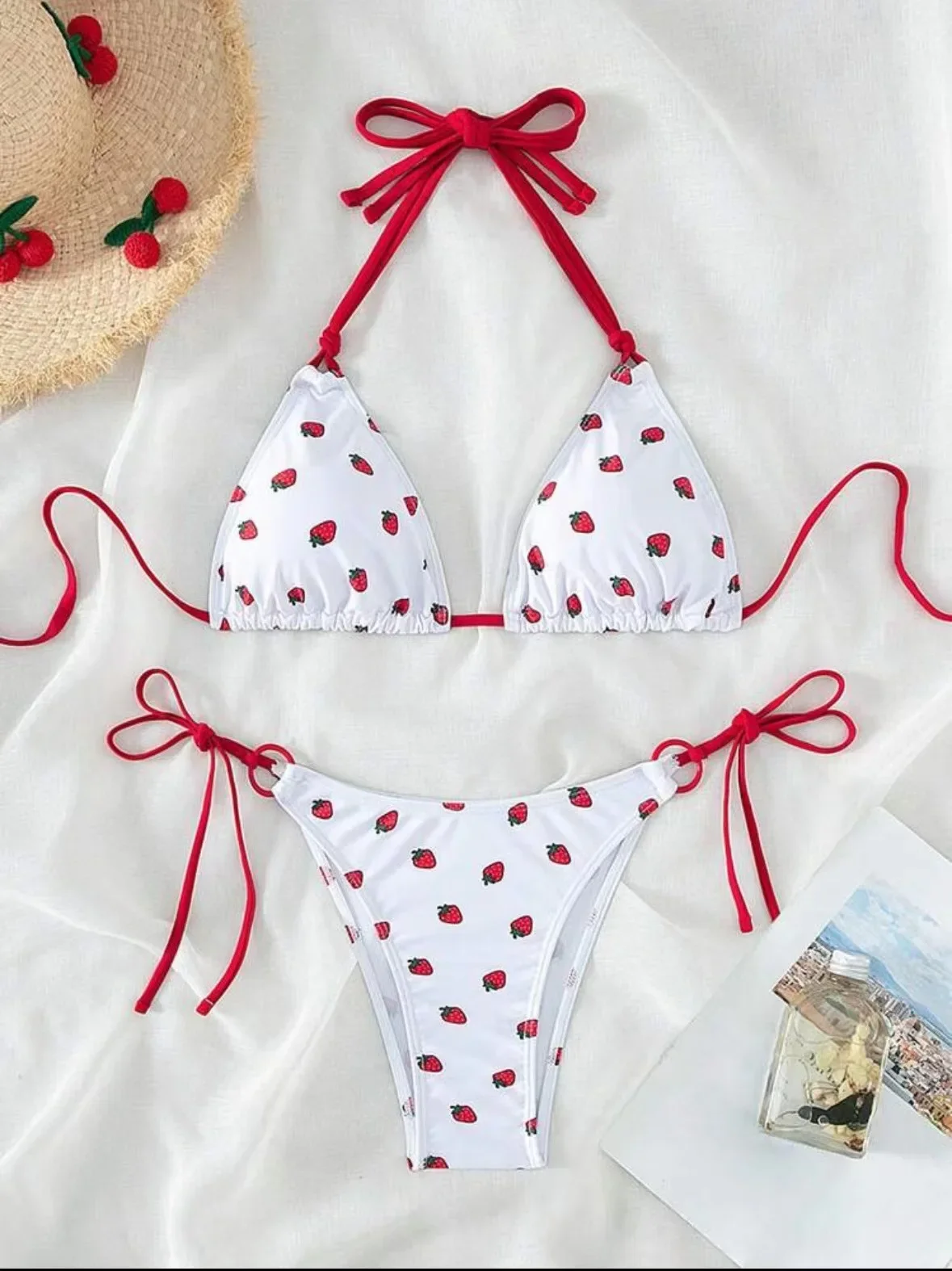 Sexy women cute strawberry print halter string micro bikini sets two pieces swimsuit Swimwear bathing suit beach outfits biquini