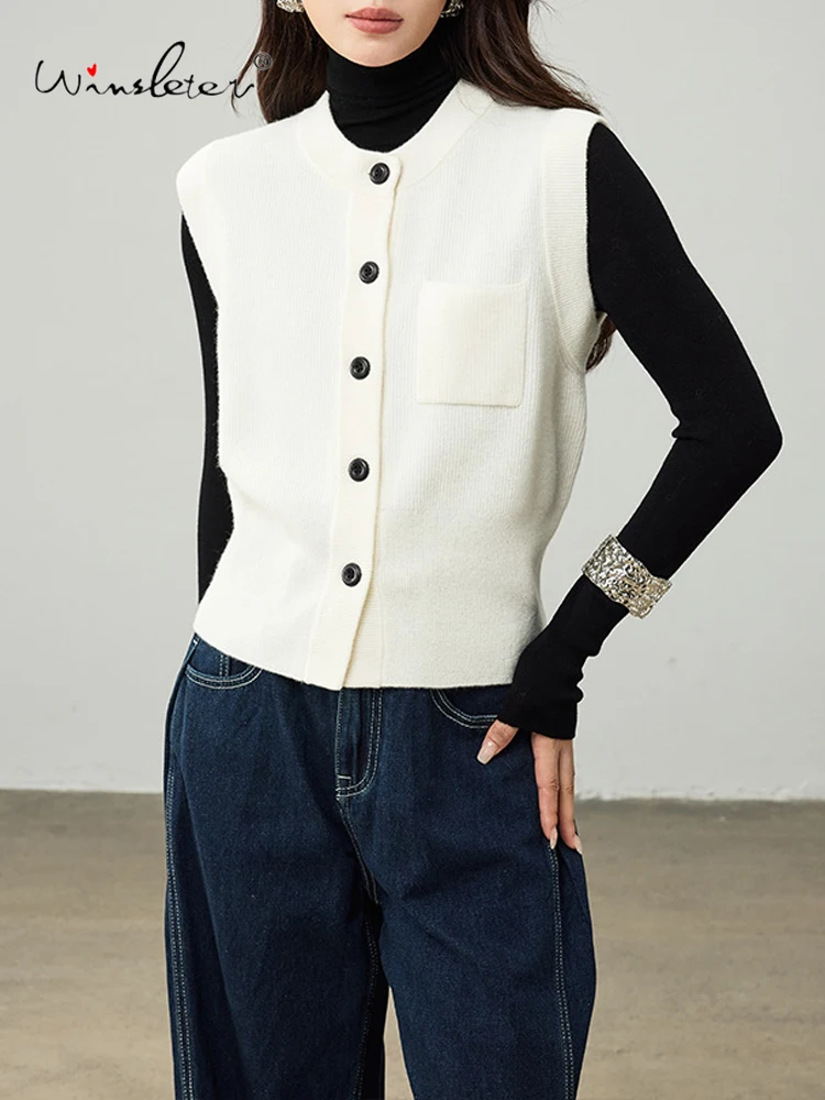 

Winsleter-100% шерстяной элегантный жилет-свитер, лоскутное шитье с круглым вырезом и пуговицами, женский модный вязаный жилет, осенняя новинка 2023 года T5N445CC