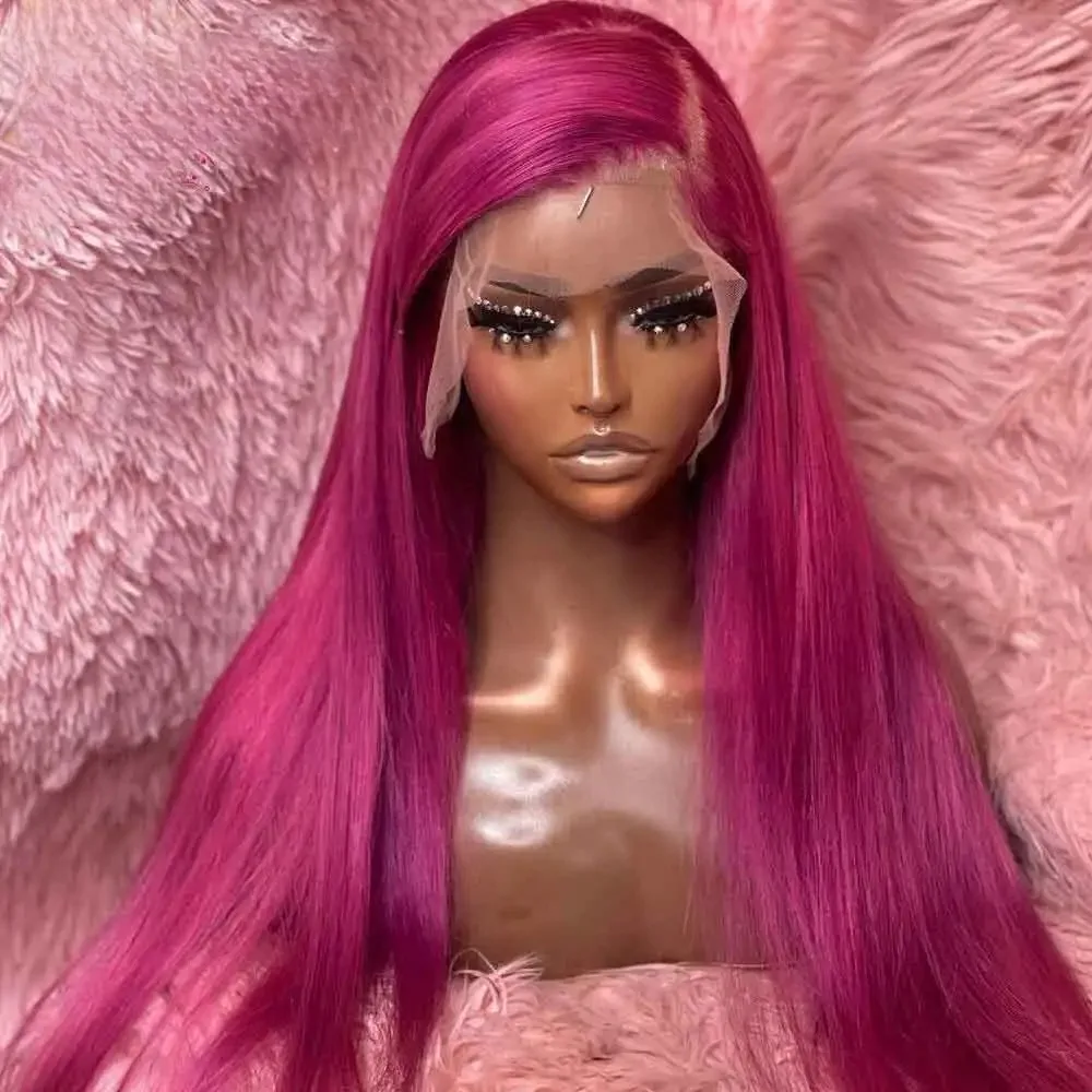 شعر مستعار وردي وردي طويل حريري مستقيم جزء مجاني باروكات صناعية بدانتيل أمامي من الألياف المقاومة للحرارة للنساء للحفلات التنكرية اليومية