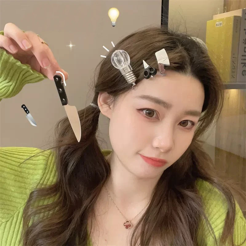 Fun Creative Hair Clip 2025 New Women Mini Bobby Pin Light Bulb Scissors Knife Luminous Strange Cute Bangs Duckbill Clip Girls