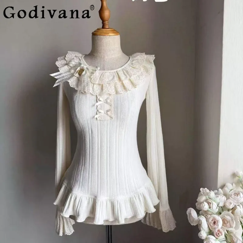

Autumn Winter Lolita Thickened Blouses Female Sweet Cute Elastic Ruffled Top Women's Lolita Autumn Winter Inner Wear Shirt