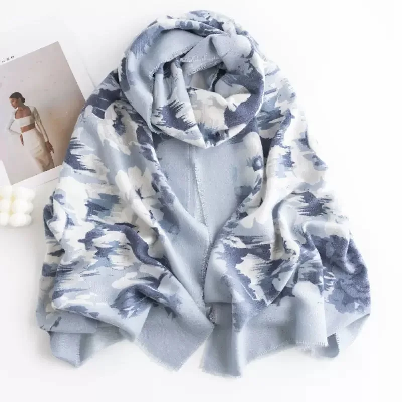 

He Ye Chinese Style Women's Rose Printed Scarf Autumn Imitation Cashmere Scarf Literary Retro Shawl Warm Neck Wrap