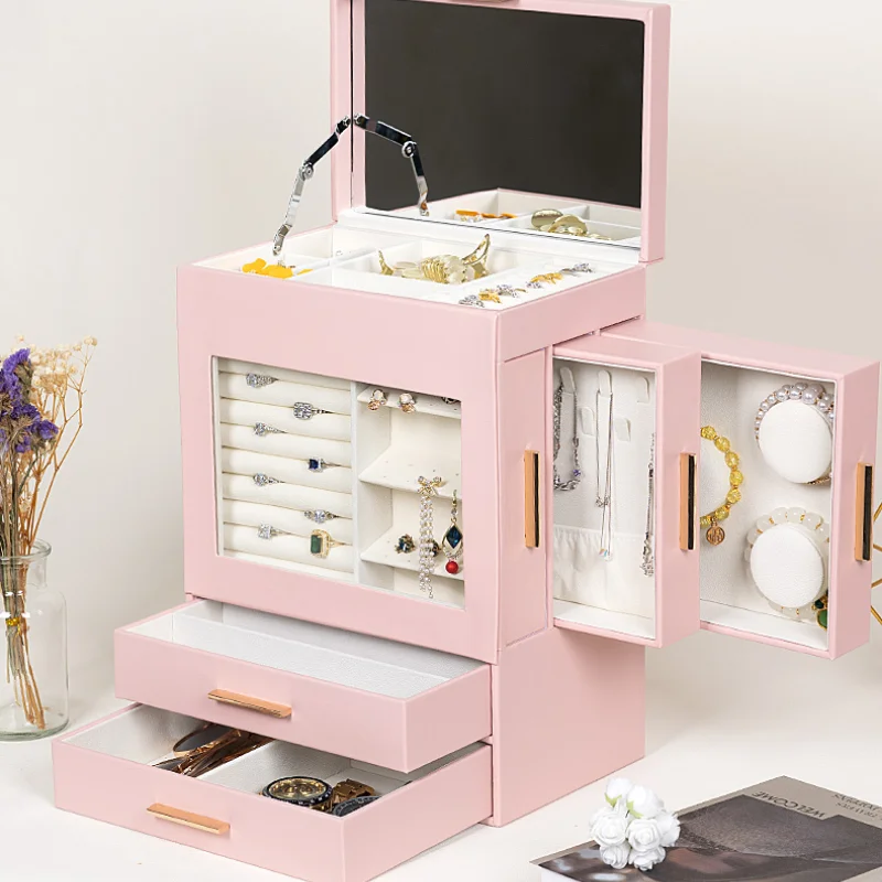 Jewelry Box with Glass Window 5-Layer Jewelry Organizer 3 Side Drawers Jewelry Storage with Big Mirror Modern Design