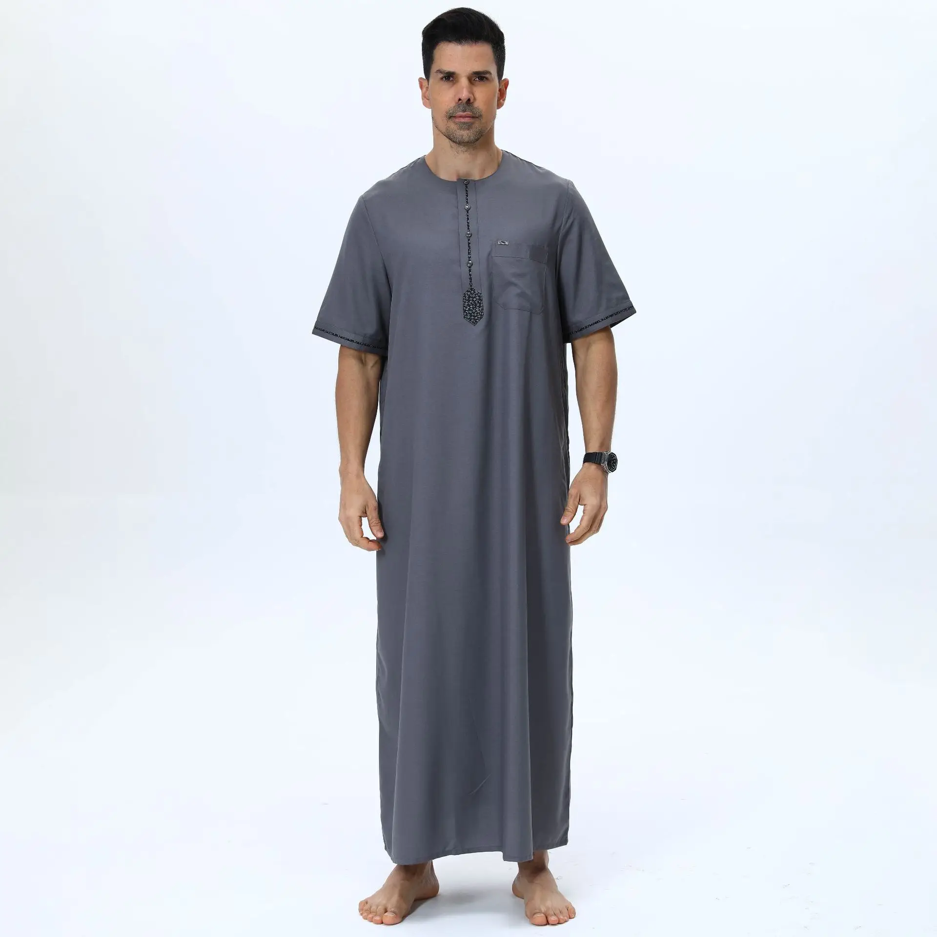 Uomini musulmani Abito con bottoni Manica corta Jubba Thobe Eid Djellaba Turchia Caftano Abaya Daffah Dishdasha Camicia lunga Allentato Islam Vestiti