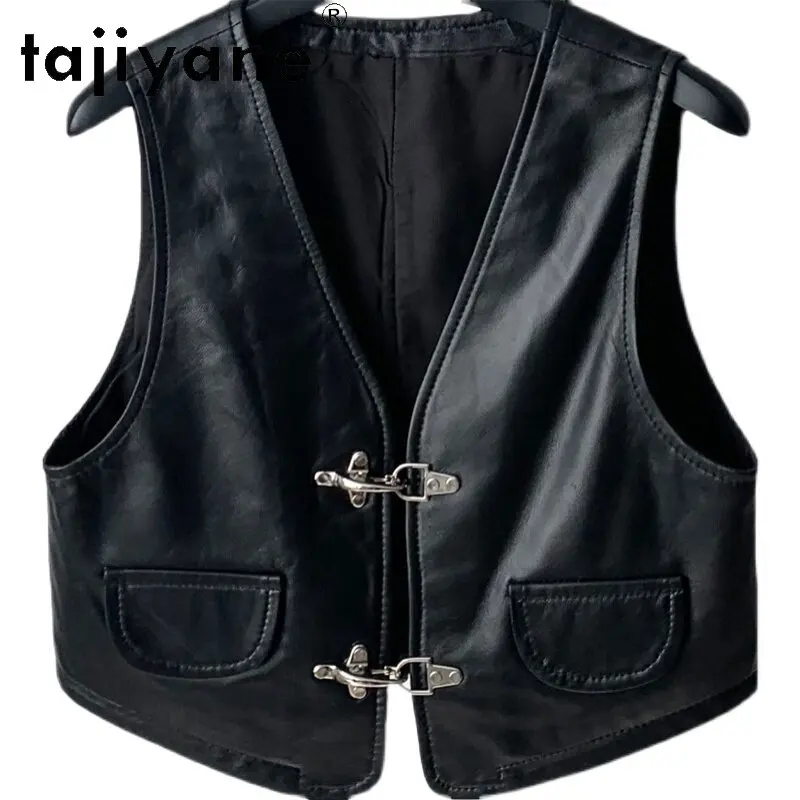 

TAJIYANE Short Real Leather Jacket Women V-neck Veste Femme Sheepskin Airplane Buckle Jackets for Woman Coat Jaqueta Sleeveless