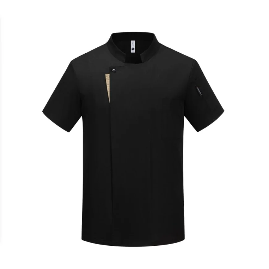 Uniforme de Chef à manches courtes pour hommes, veste de Chef en maille respirante avec tablier, manteau de Chef de cuisine de Restaurant, vêtements de travail noirs pour femmes, logo