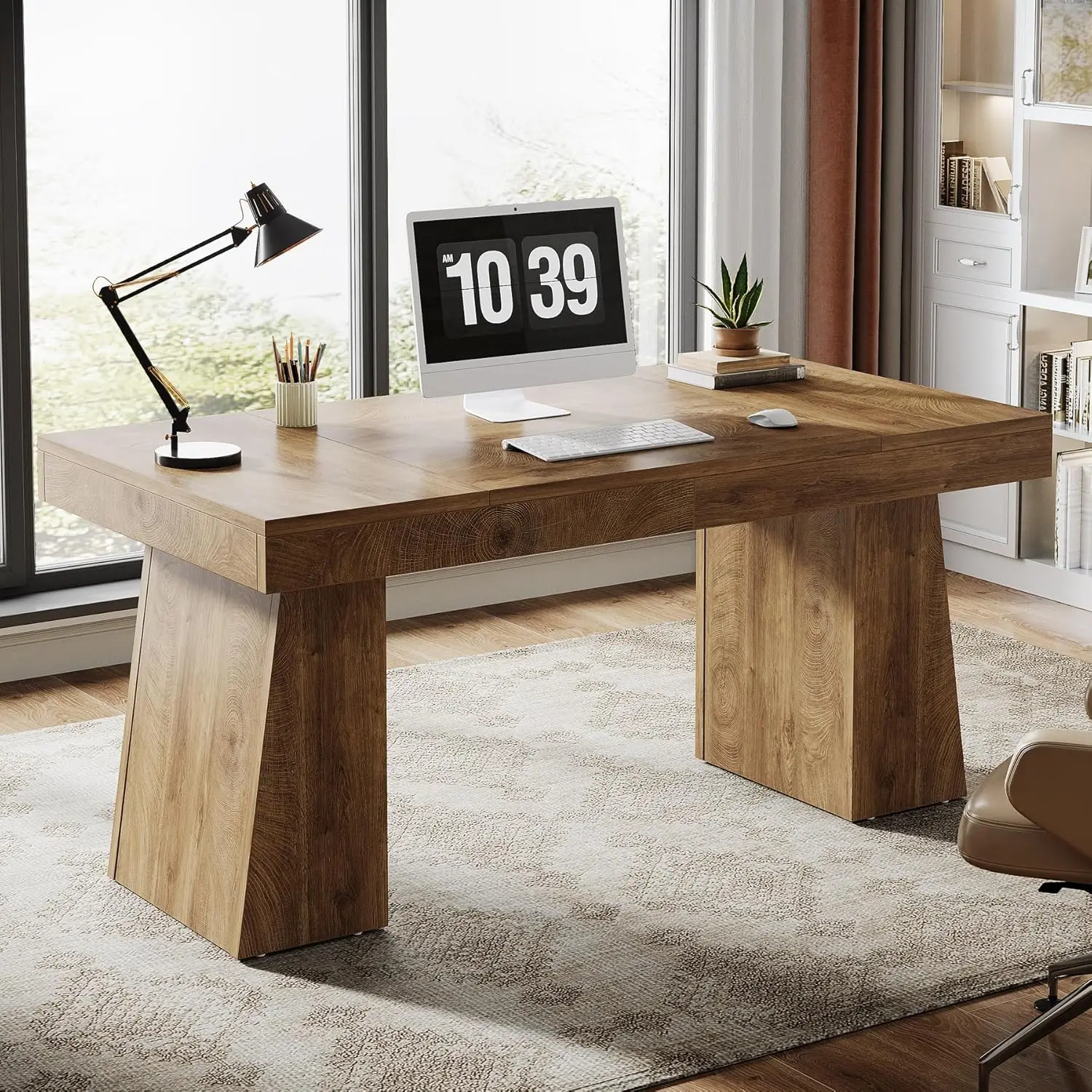 LITTLE TREE Executive Desk,Modern Home Office Desk with Trapezoid Base, Wood Computer Desk Business Workstation Conference Table