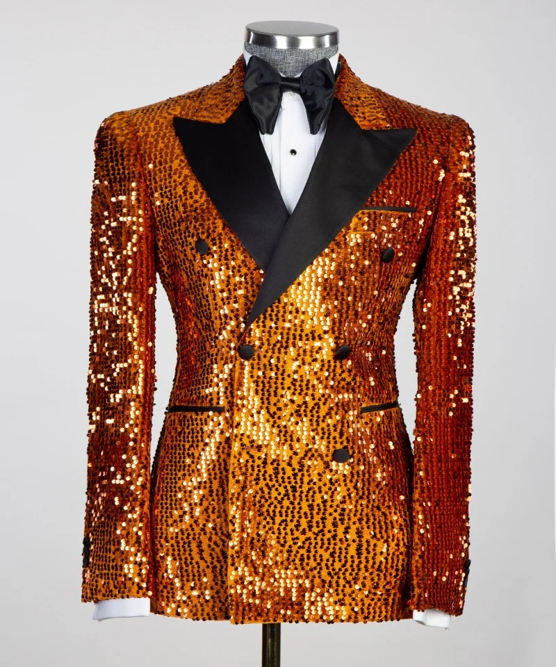 

Jaqueta masculina Peak Lapel Orange Glitter Men's Blazer Formal Party Banquet Men Costume Double Breasted Suit Jacket