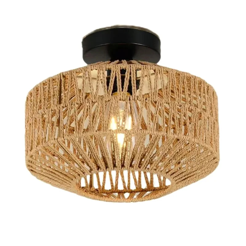 

ABVA-Rustic Café Ceiling Light–French Farmhouse Retro Chandelier With Wrought Iron Frame And Handwoven Straw& Jute Shade