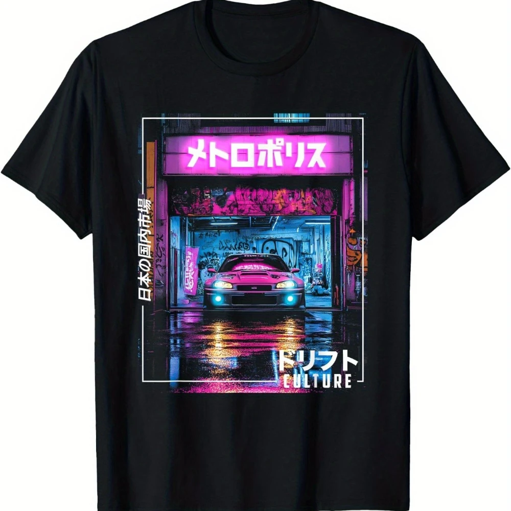 Unisex Retro Tokyo City Synthwave Racing Car T-Shirt Vintage Skyline with Iconic Landmarks Suitable for Casual Outdoor Wear