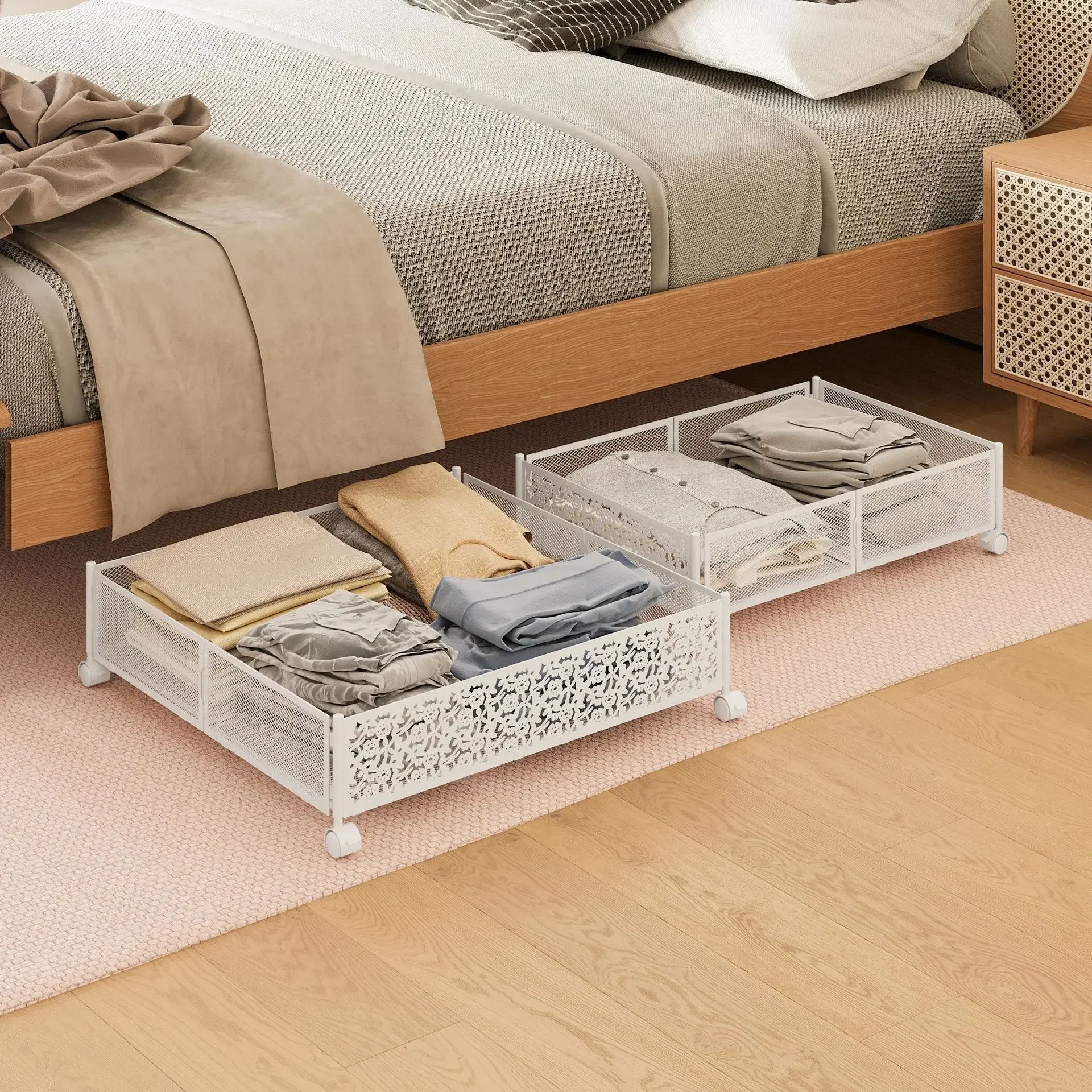 Foldable Bed Bottom Storage Rack Iron Storage Box with Wheels Under The Sofa Under Bed Storages Drawer Storage Basket