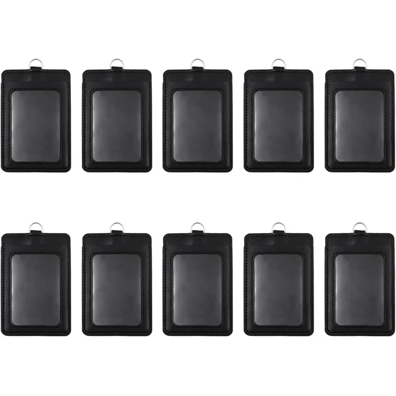 10Pcs PU Leather Badge Holders Vertical Horizontal ID Badge Holder with Clear ID Window and Credit Card Slot-Black-Vertical