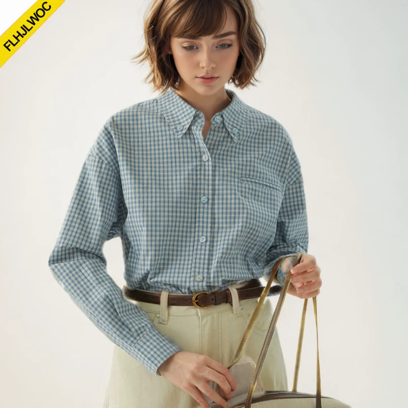 

Hot Sales Cotton Blends Tops Blouses New 2025 Spring New Year Girls Preppy Style Loose Boyfriend Design Button Blue Plaid Shirts