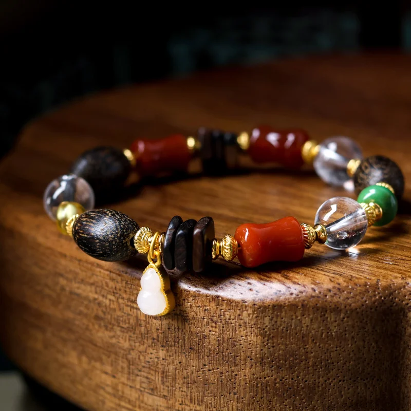Natural white crystal, insect-eaten agarwood bracelet, amber, southern red agate bracelet, wooden jewelry