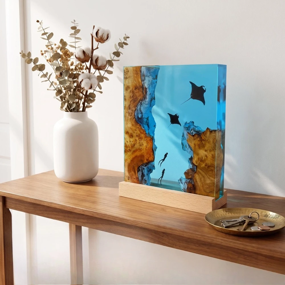 Creative Ocean Manta Fish Diving Solid Wood Resin Ornament Home Desktop Decoration Festival Gift