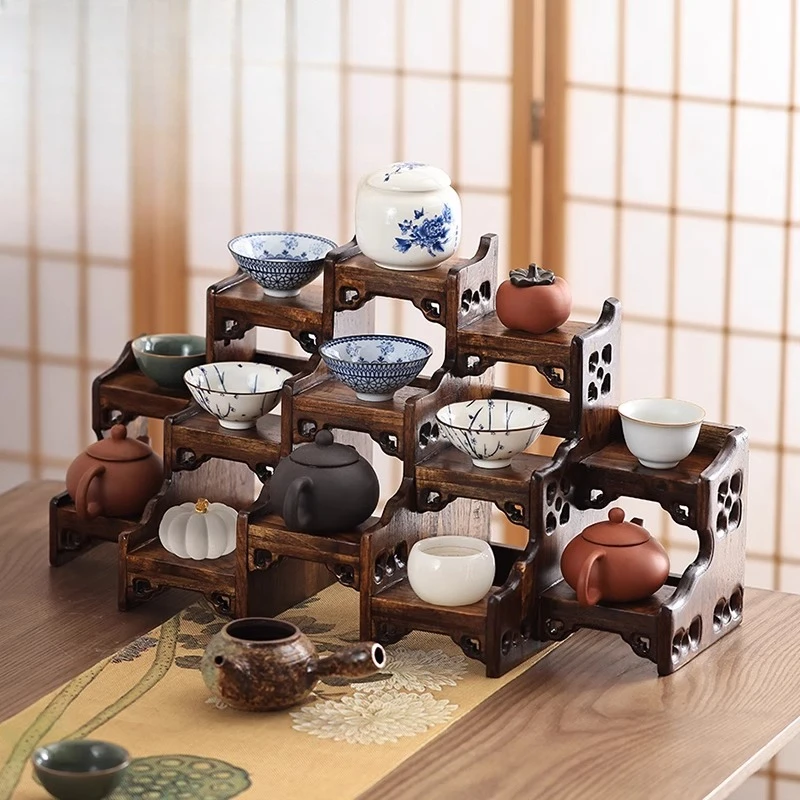 Chinese desktop small stand solid wood teapot display stand purple clay pot placement