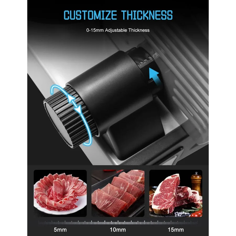 家庭用電動ミートスライサー、取り外し可能な7.5インチステンレス鋼刃、厚さ調整可能、チャイルドロック安全機能付き