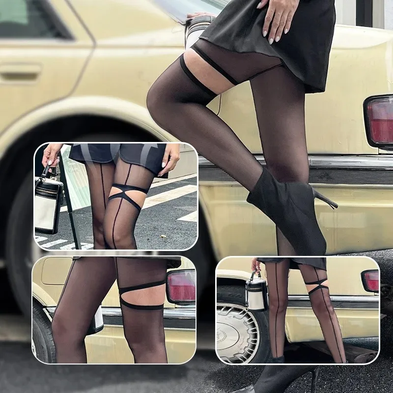 

Women's Asymmetry Hollow Out Thigh High Tights Sexy Sheer Vertical Line Pattern Pantyhose Fashion Hottie Party Wear Tights