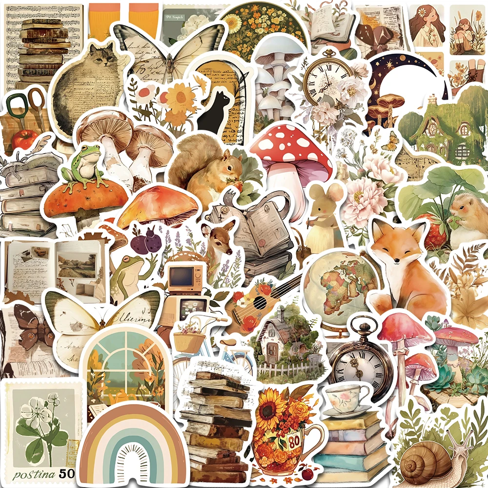 50PCS Retro und Warme Landschaft Tier Objekte Cartoon Aufkleber Wasserdichte PVC Kunst Dekoration Sammelalbum Laptop Gitarre Gepäck