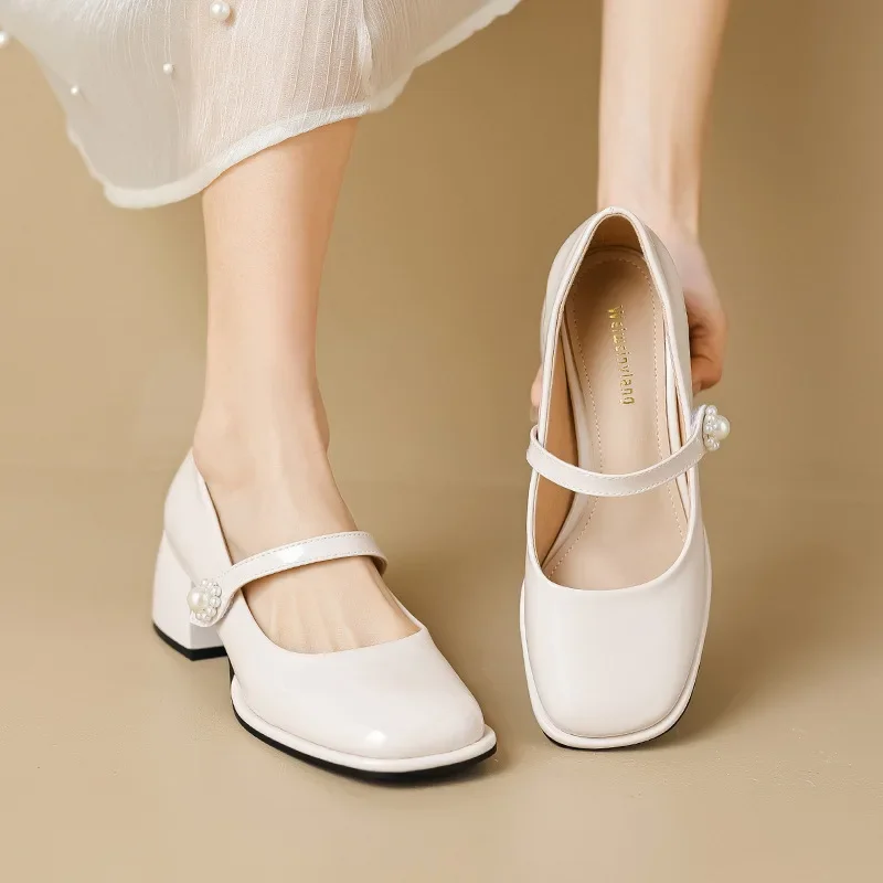 Spring High Heels 2024 New Women Fashion Chunky Heel Mary Janes Shoes Zapatos De Mujer Ladies Square Toe Shallow Single Shoes