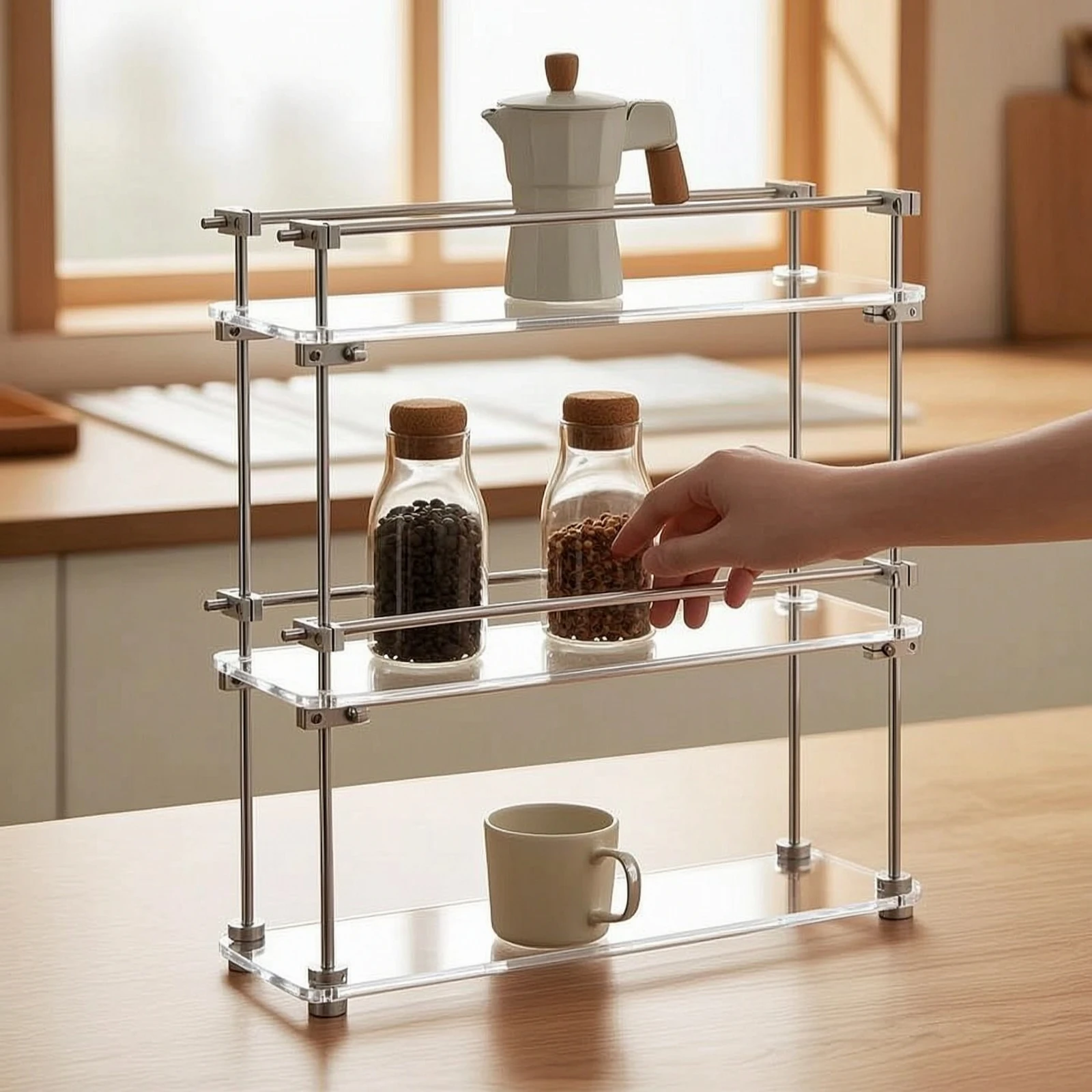 Three-Tier Storage Rack Clear Acrylic Display Shelf Shelving Minimalist Organizer Space-Saving for Countertop, Desk