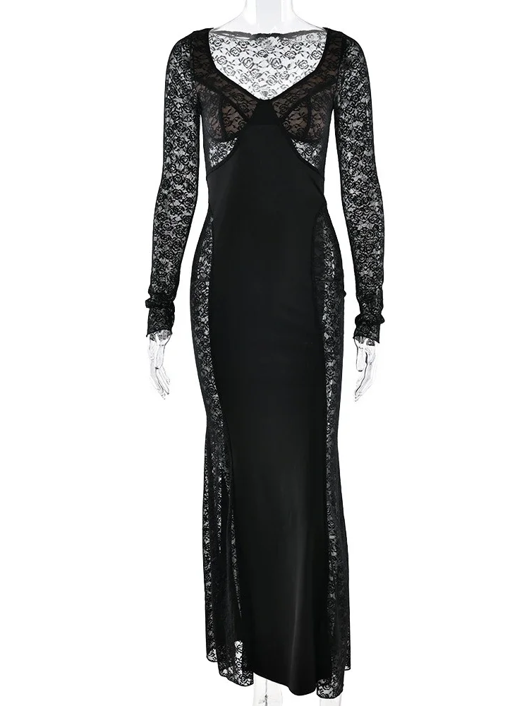 Chaxiaoa Kant Zien Door Sexy Maxi Jurk Vrouwen Jurk Elegante Sheer Patchwork V-hals Lange Mouw Bodycon Club Party Lange Jurken