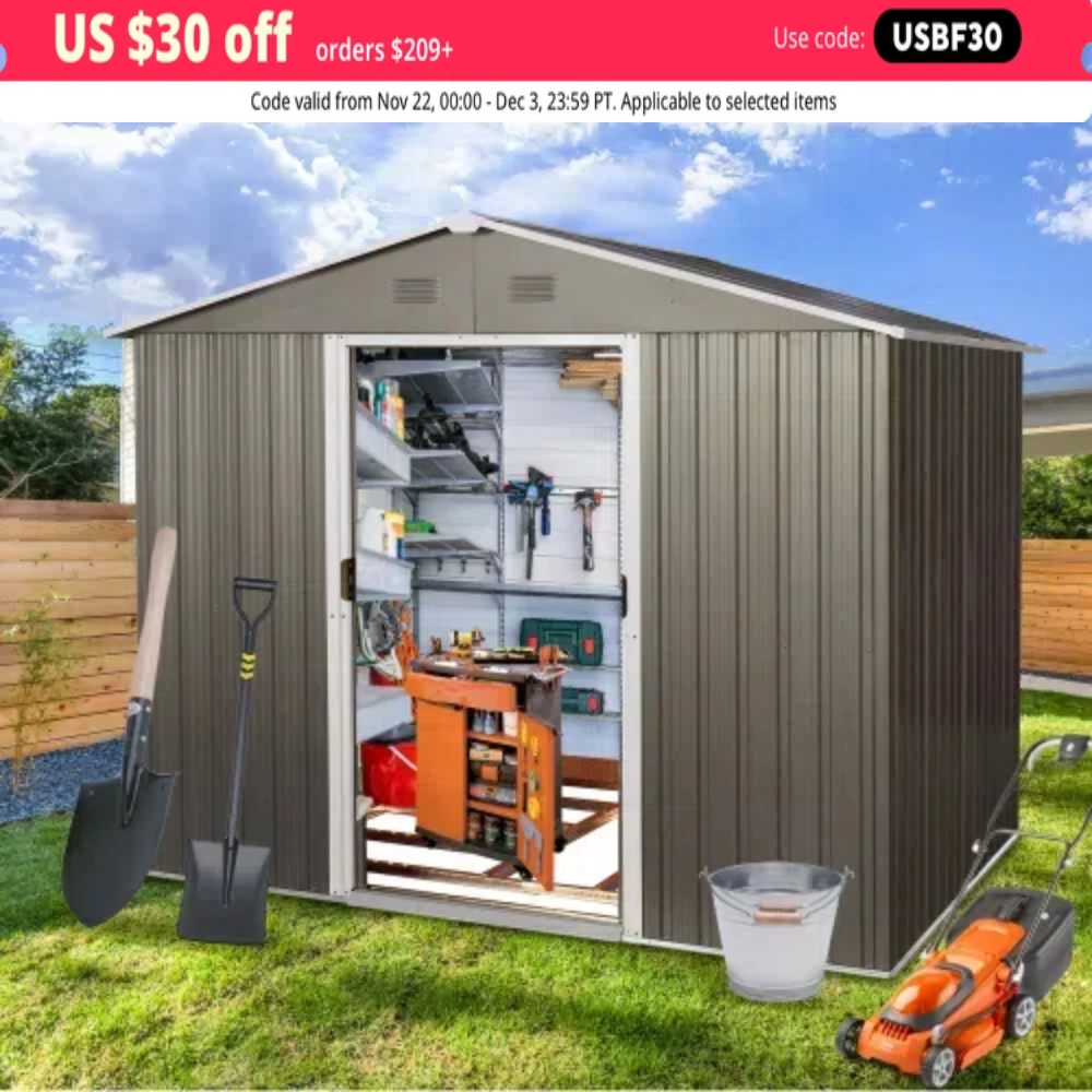 8x 6FT Outdoor Metal Storage Shed with Floor Frame and Lockable Doors for Garden Tools Waterproof Storage Garden Shed