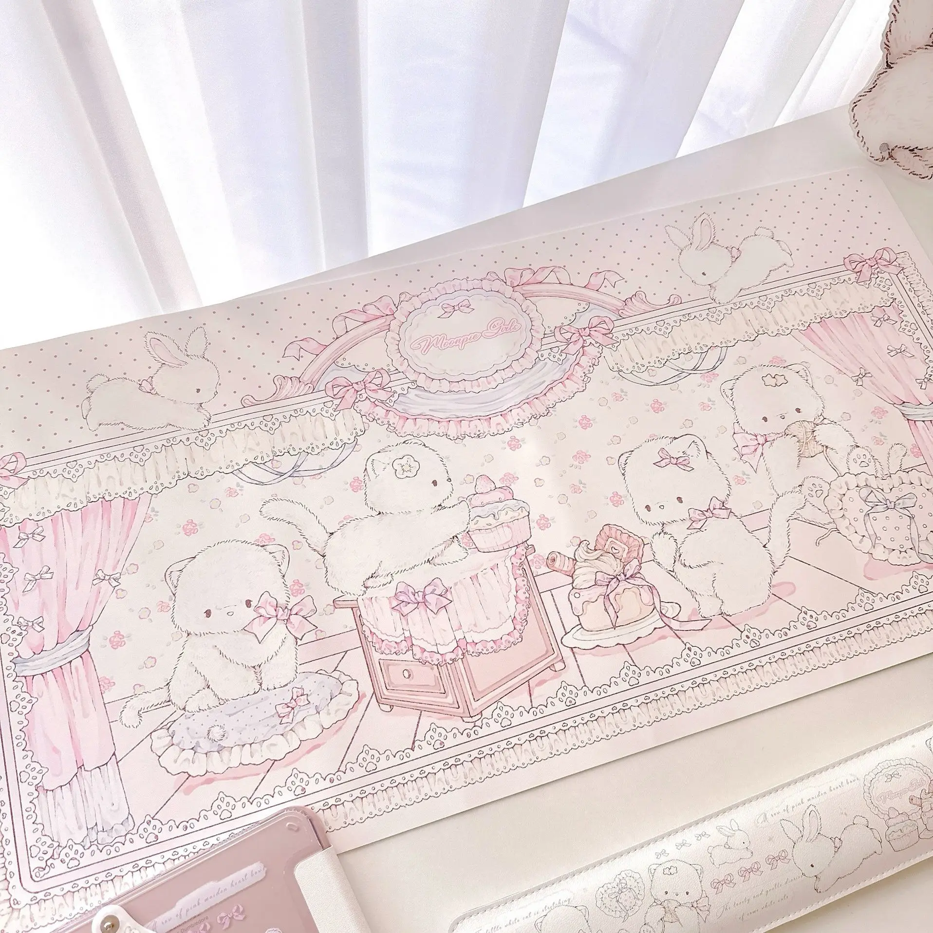 Kawaii Pink Cat Polka Dots Leather Desk Pad Mouse Protector Non-Slip Mouse Pad Home &Office Desk Mat PU Leather Laptop Desk Pad