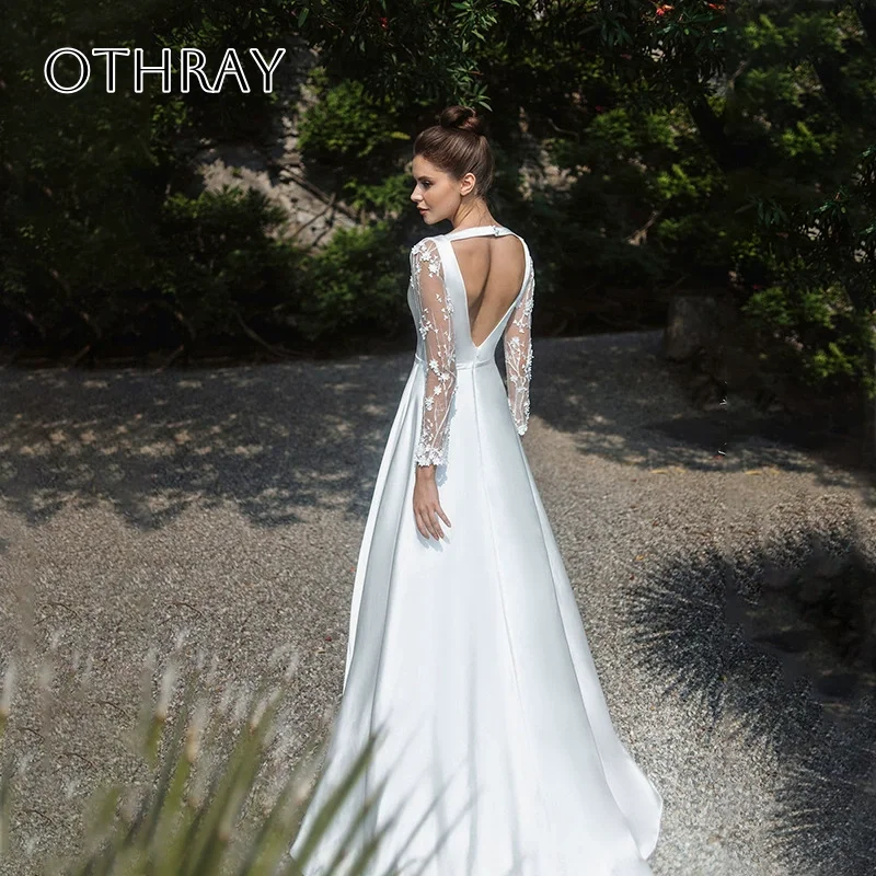 V-neck Long Sleeves A-line Bridal Wedding Gowns Backless Sash Satin Floor Length Customized свадебное платье