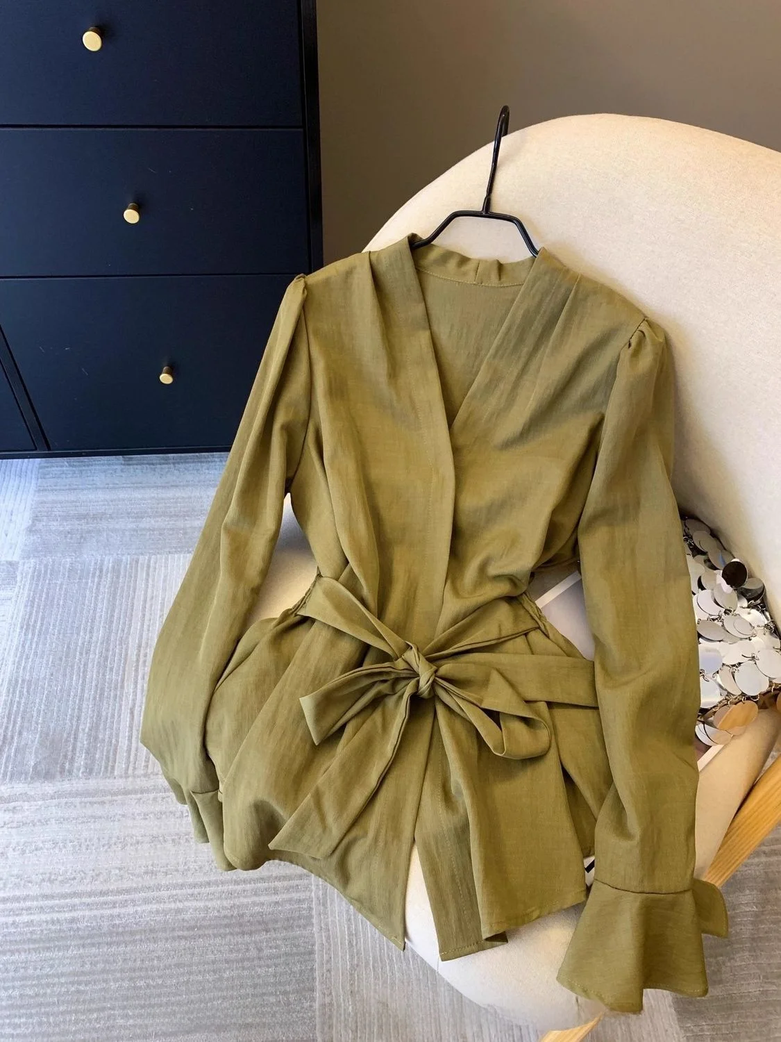 Korean Sle Salt System Long Sve irt Women's Spring Autumn New American Super Fairy Sweet Top Knot Belted