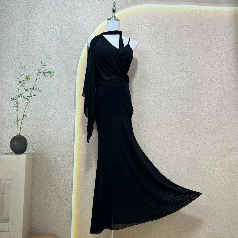 

Women Belly Dance Costume Black One Shoulder Mermaid Hip Wrap Dress Slim Fit Sexy Dance Outfit For Practice Stage Performance