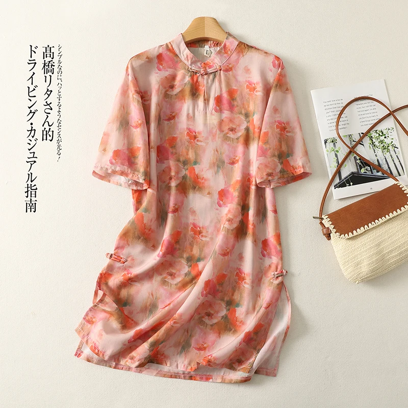 

2026 New Spring Frog Buttons Ramie Long Blouse Women Chinese Style Vintage Thin Half Sleeve Loose Flower Print Tops